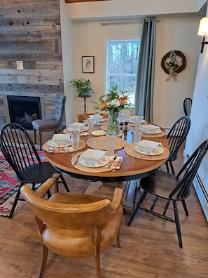 Dining table seats 6 and extension leaves for table increase seating to 10.