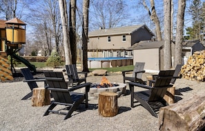 Gather 'round the cozy firepit—perfect for s'mores, stories, and stargazing by the lake.