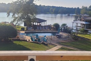 View of lake and pool from deck