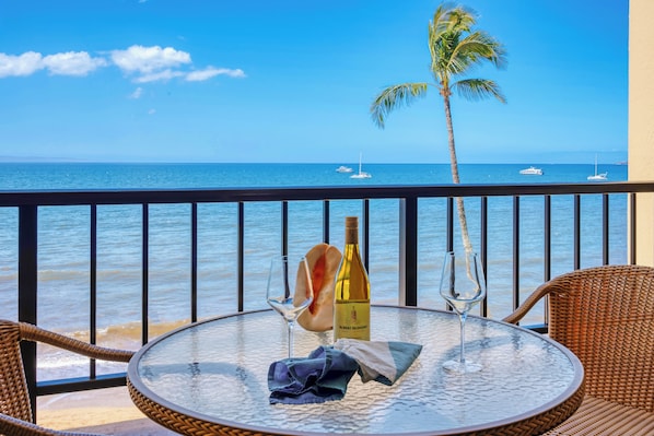 Enjoy your coffee on the top floor balcony while looking at whales and boats in the distance.