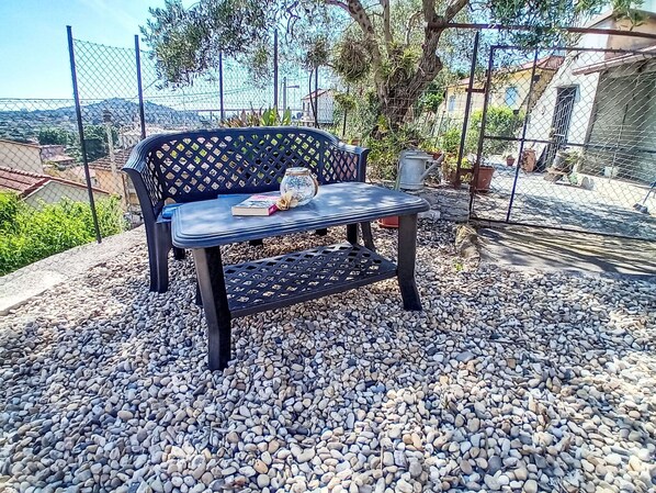 Outdoor Furniture, Furniture, Cobblestone, Chair, Shade, Garden, Landscaping, Outdoor Table