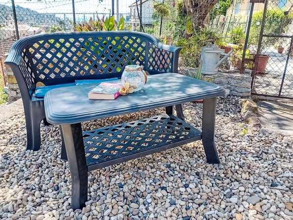 Furniture, Outdoor Furniture, Outdoor Bench, Bench, Outdoor Table, Chair, Garden, Armrest, Wicker, Design