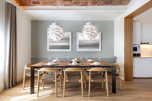The dining area seats up to 10 and has place settings for 12.