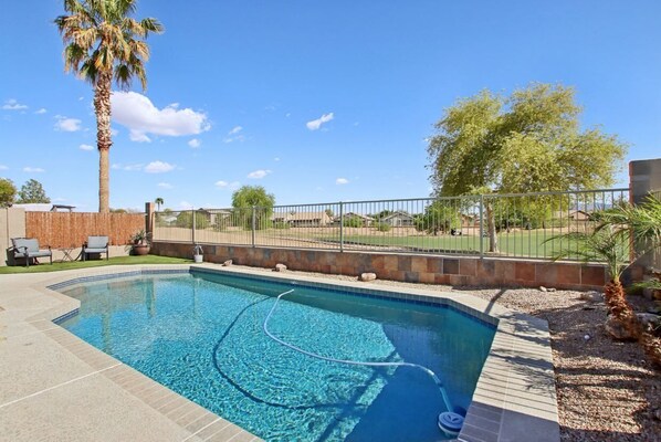 Heated pool overlooking the golf course