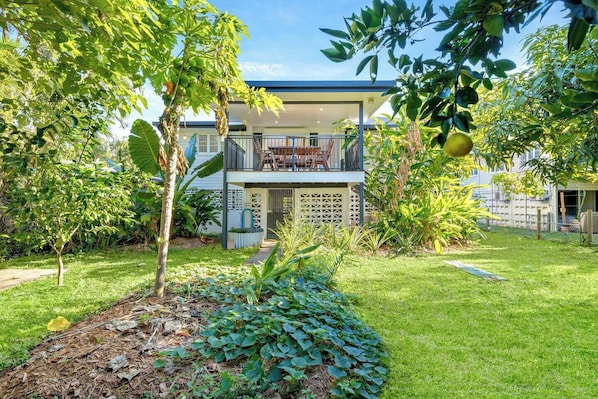 This elevated home sits among a gorgeous tropical garden with fruit trees and grassy areas for kids to play.