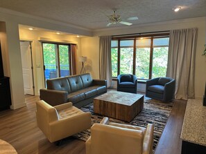 Living room with bay window view