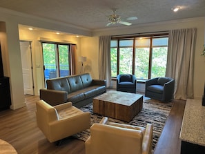 Living room with bay window view