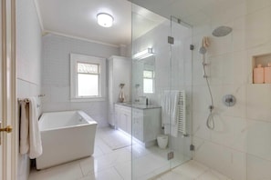 Walk-in shower + Soaker tub + large vanity