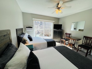 Bedroom #2 - Two Double Beds, Cable TV, work table, air-con and a fridge.