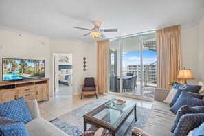 There's plenty of living space to enjoy time together after a day at the beach and pools