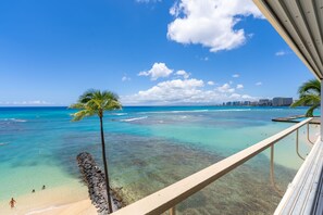 Incredible panoramic view from the studio, overlooking the turquoise waters of Waikiki and Kaimana Beach.
