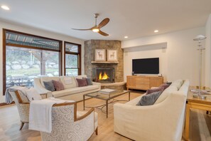 Mountain views and fireplace warmth.
