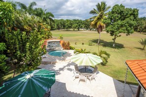 Enjoy relaxing in the jacuzzi with a beautiful view of the golf course.