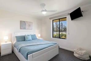 Main bedroom ,with comfortable Queen size bed. TV, Ceiling Fan, Bedside cupboards and Built in Robe.
