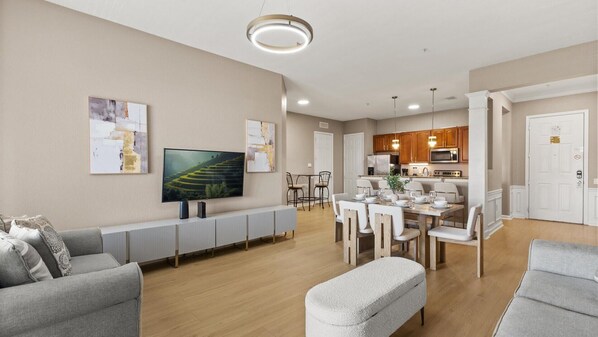 Open-concept living area with smart TV and high speed internet