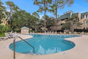 A great view of the outdoor pool, one of two outdoor pools and one indoor pool for year round enjoyment.