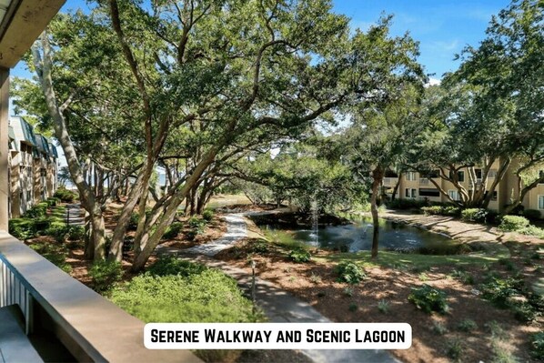Your patio view of the beautiful oak lined lagoon with peak a boo views of the beach/waterfront with seating for four.