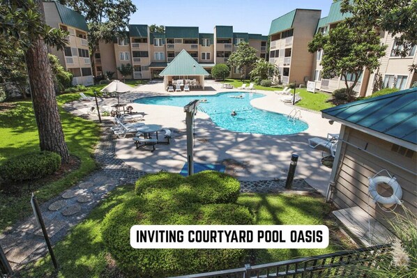 The pool just outside your Villa.  The resort complex features two outdoor pools, indoor pool, tennis courts, work out room, indoor dry sauna, shuffle board, bbq grills, wonderful sunrise views.  