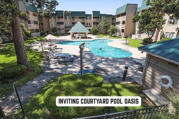 The pool just outside your Villa. The resort complex features two outdoor pools, indoor pool, tennis courts, work out room, indoor dry sauna, shuffle board, bbq grills, wonderful sunrise views.