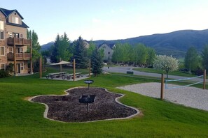 Moose Hollow Community Picnic area with grills and volleyball.
