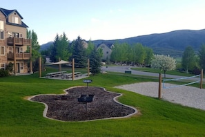 Moose Hollow Community Picnic area with grills and volleyball.