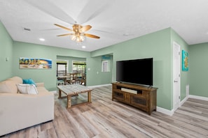 Spacious living room with smart TV