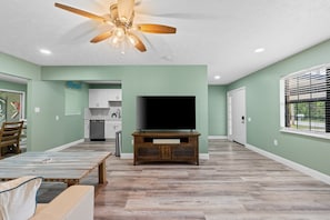 Spacious living room with smart TV