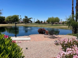 Golf course views include a lake with a fountain.