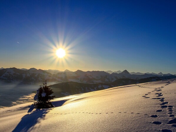 Himmel, Sonne, Blau, Natur, Winter, Bergforms, Schnee, Berg, Sonnenaufgang
