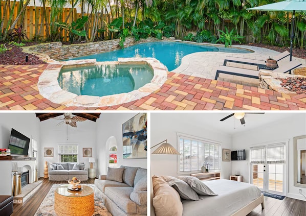 This tropical retreat features a private heated pool and spa surrounded by lush palm trees, offering the perfect oasis to unwind. Inside, you'll find a bright, stylish living area with vaulted ceilings and a cozy bedroom that opens to a sun-soaked deck.