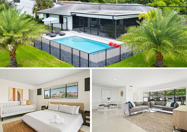 This bright and modern home features a private, fenced-in pool surrounded by lush palms, a spacious sunlit living area, and serene bedrooms designed for ultimate comfort.