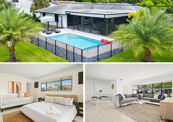 This bright and modern home features a private, fenced-in pool surrounded by lush palms, a spacious sunlit living area, and serene bedrooms designed for ultimate comfort.
