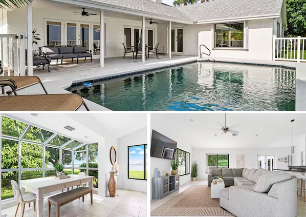 Enjoy the Florida sunshine by the sparkling pool, surrounded by comfortable loungers and the beautiful property.
