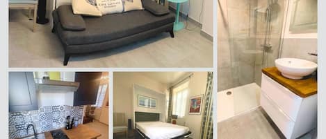 Studio rue du Marché – charme et fonctionnalité au cœur du village Lit escamotable, salle d’eau contemporaine, cuisine équipée et accès au jardin commun : tout est prévu pour un séjour détente à La Flotte.