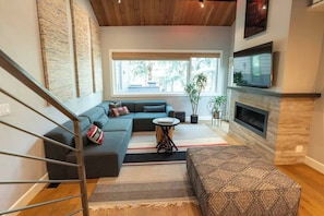 Living room with TV and electric fireplace.