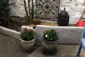 Back garden area with patio and bench