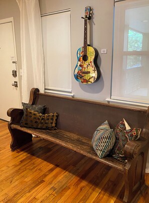 Church pew - perfect for putting on your boots before a night on Broadway!