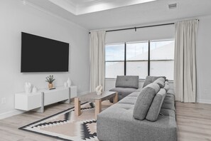 Upstairs living room with extendable deep sofa