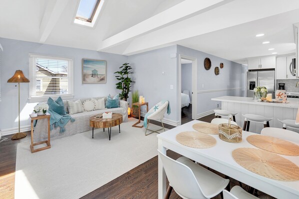 Living Room with Skylight, Foldable Dinning table that can sit up to 6