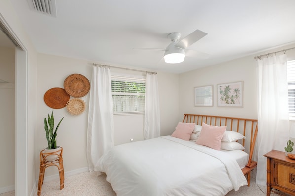 Bedroom 1 w/ Queen Bed with Boho/Mid-Century Decor