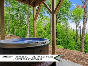 Soak in the private hot tub while taking in peaceful mountain views