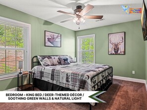 Spacious king bedroom with woodland charm and natural light
