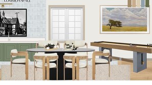 Common space for guests to relax and play games like shuffleboard