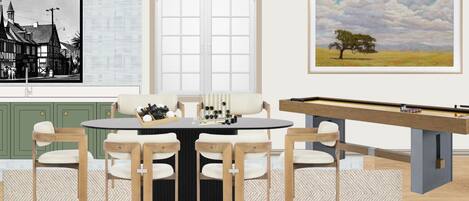 Common space room available for guests to relax and play games like shuffleboard