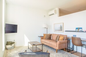 Living room with dedicated workspace