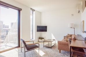 Living room with dedicated workspace