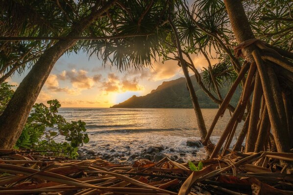 Actual sunrise photo from nearby Kahana Bay, just 1.3 miles from your Beach Rental