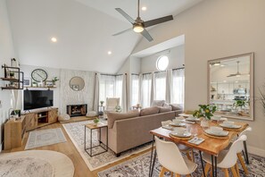 Living Room & Dining Area | Single-Story Condo on 2nd Floor | Free WiFi