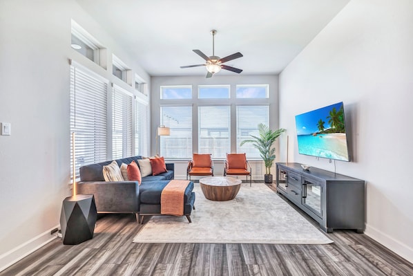 Spacious 1st floor living room with modern decor and 50 Inch TV. Air purifer!