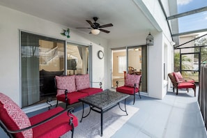 Outdoor seating by the pool